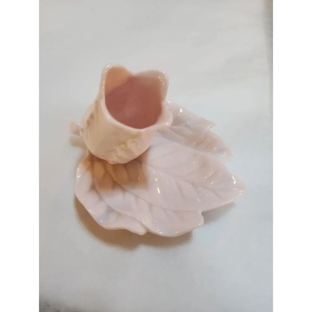 Vintage Pink Ceramic Rose Bud Toothpick Holder Leaf Floral Fancy Vase